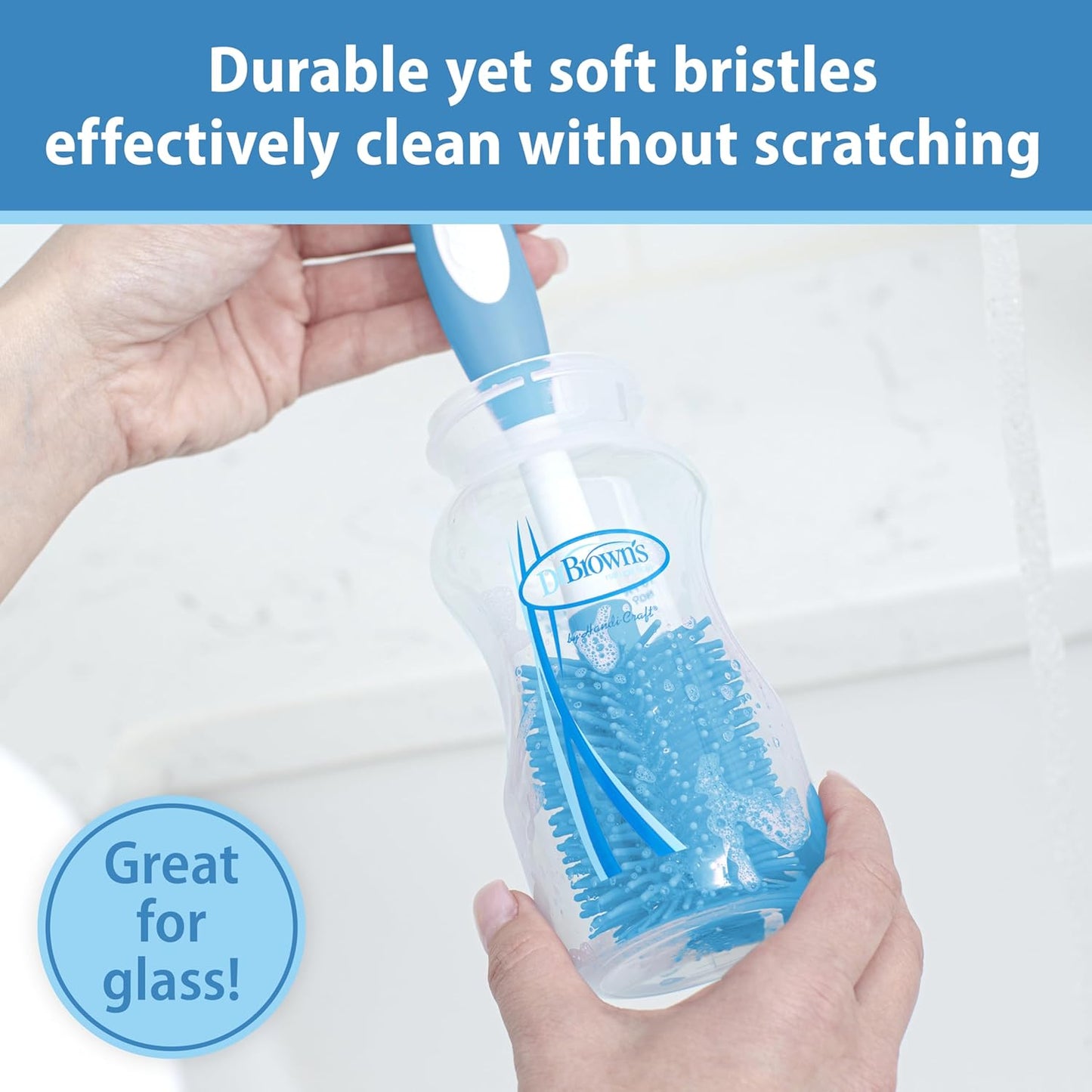 Dr. Brown's Soft Touch No Scratch Baby Bottle Cleaning Brush, Nipple Cleaner and Suction Cup Base for Easy Storage, BPA Free, Blue, 2 Pack