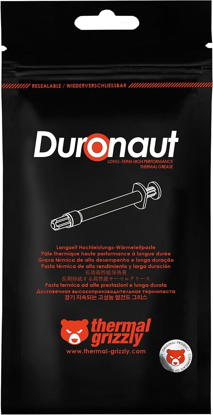 Thermal Grizzly - Duronaut - Enhanced Durability & High Performance Thermal Paste - for Maximum Conductivity While Overclocking CPU/GPU/PS4/PS5/Xbox with 12 Cleaning Wipes 6 Wet & 6 Dry (2g + Wipes)