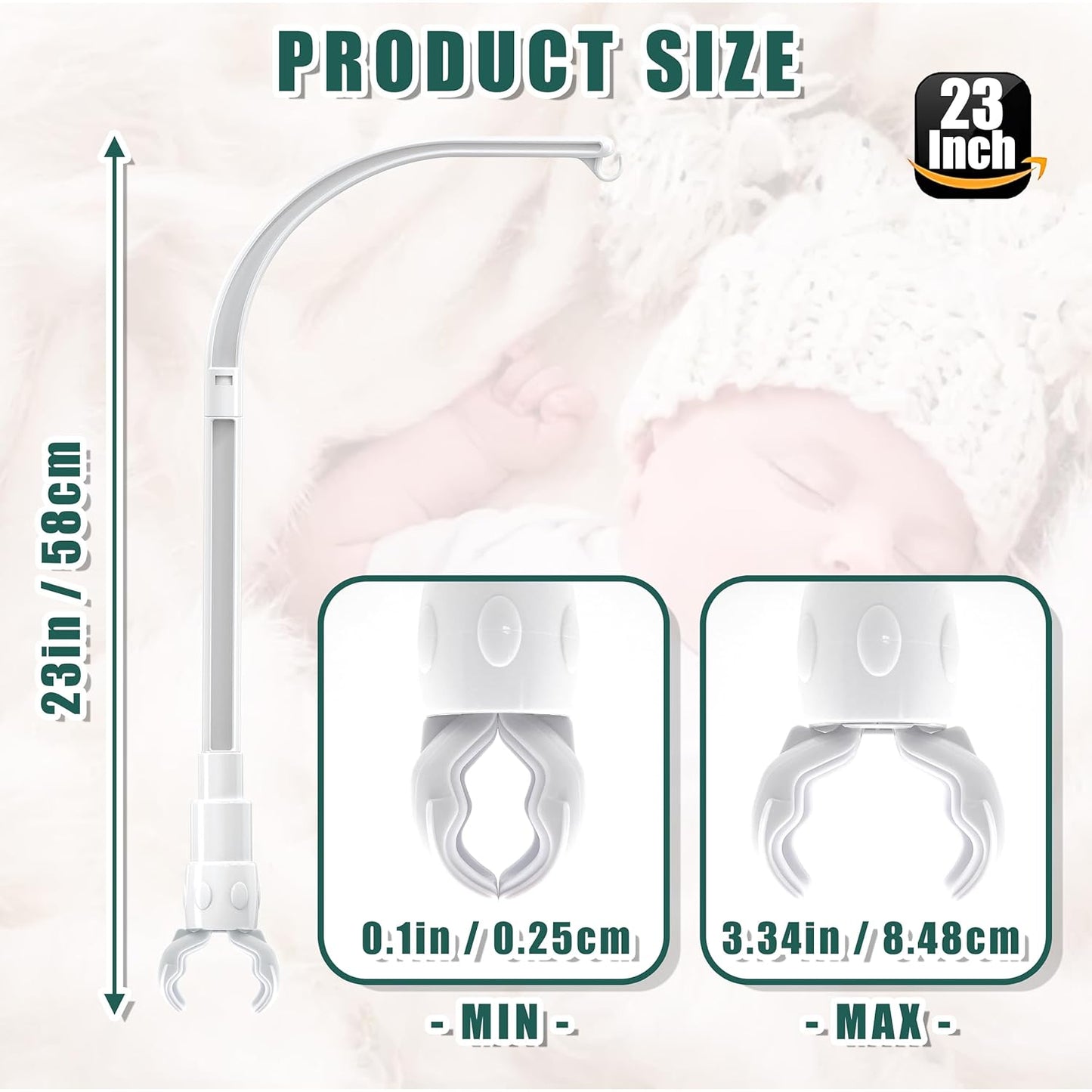 23 inches DIY Baby Crib Mobile Arm,Mobile arm for Crib,Nursery Mobile arm,Baby Mobile Hanger, The Claw Part Can be Adjusted Width，DIY Toy Decoration