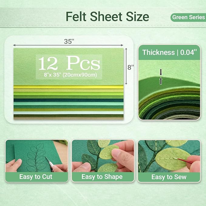 Large Stiff Felt Sheets 8"x35" – 12 Assorted Colors Felt Fabric Bundle Pack