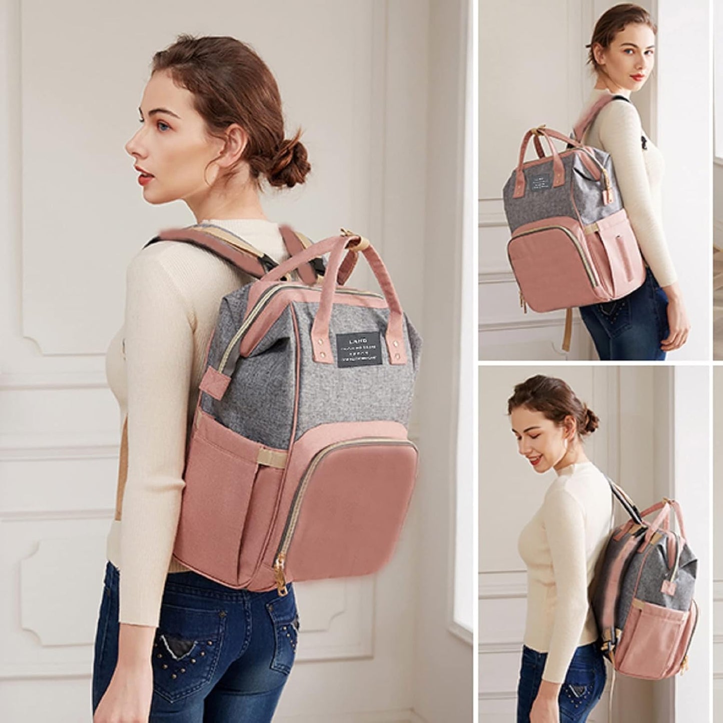 Diaper Bag with Changing Station,Diaper Bag Backpack，7 in 1 Travel Baby Diaper Bag,Mommy Bag With USB Charging Port (Pink-Grey)