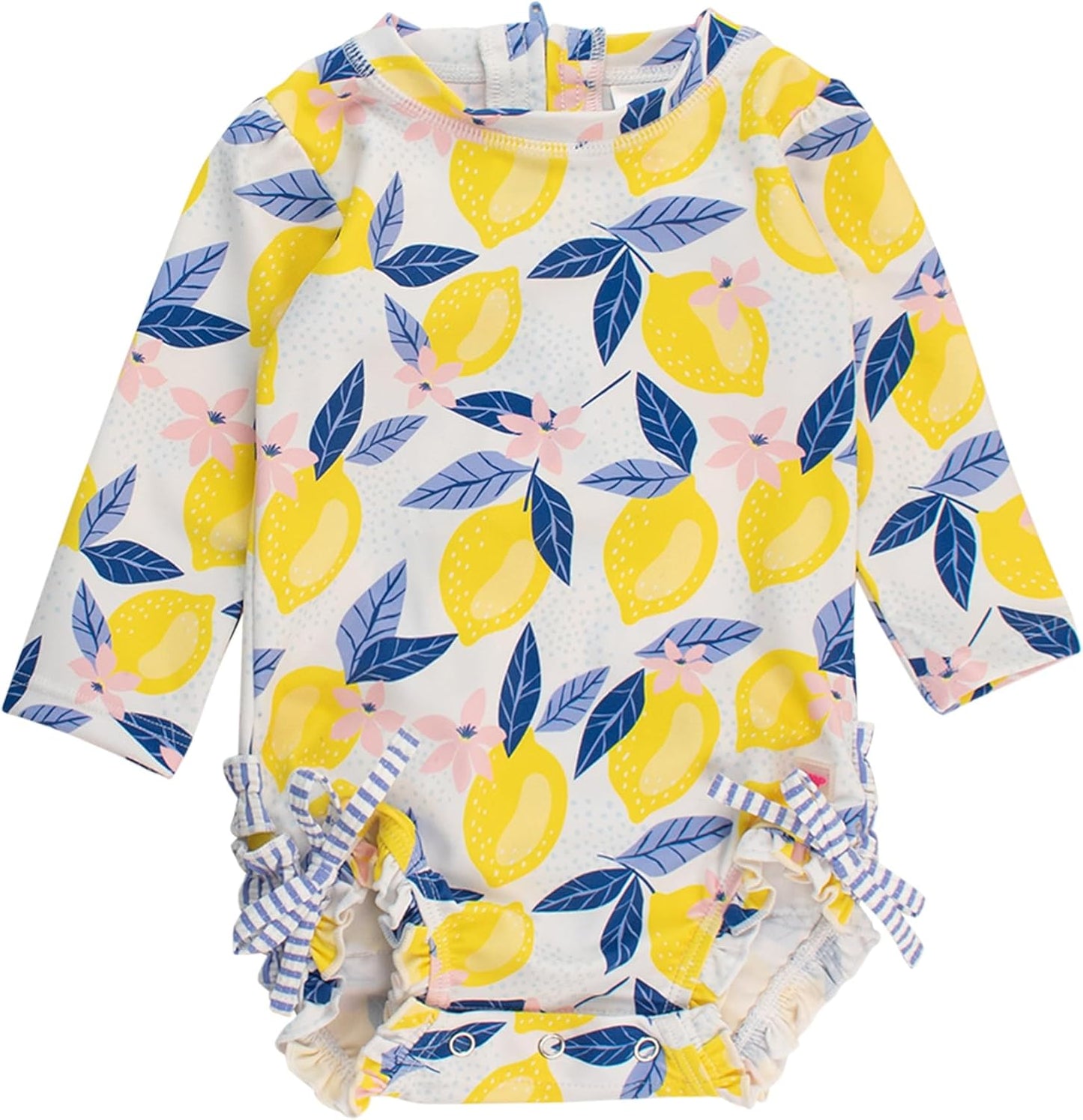 RuffleButts Baby Girls UPF 50+ Sun Protection Novelty Print Long Sleeve One Piece Rash Guard Swimsuit with Zipper
