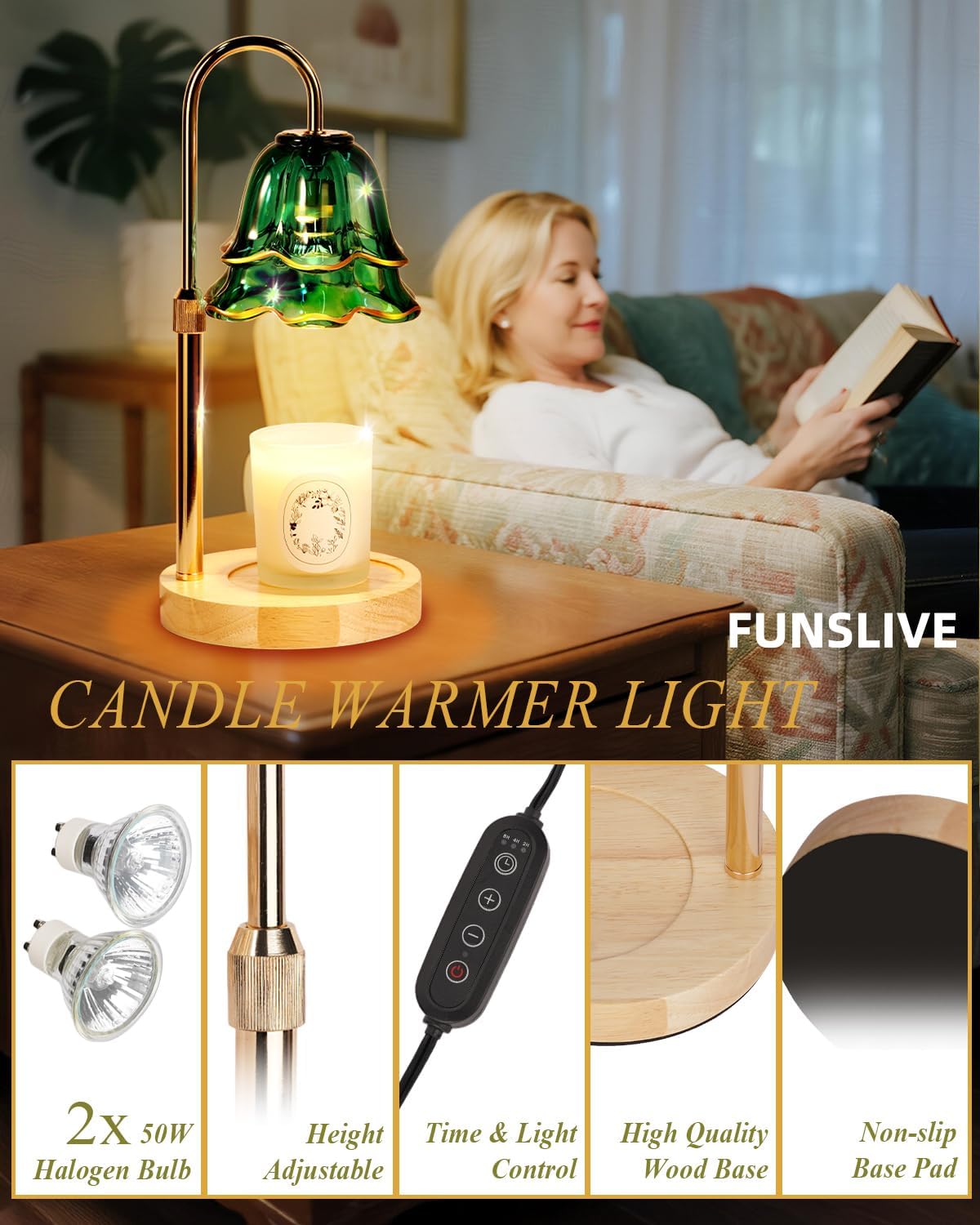 Green Candle Warmer Lamp with Timer Dimmable, Flower Candle Warming Light Height Adjustable, Wax Melt Warmer Candle Lamp for Jar Scented Candles, Birthday Christmas Housewarming Gifts for Women Mom