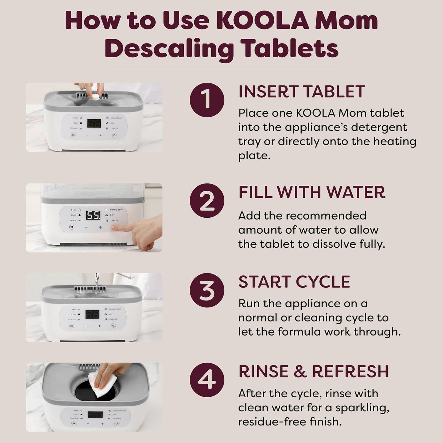 Descaling Tablets for Baby Bottle Washer Sterilizers & Warmers, Compatible with Momcozy & Baby Brezza Removes Stubborn Mineral Scale, Non-Toxic & Baby-Friendly, Extends Product Life 20ct - KOOLA Mom