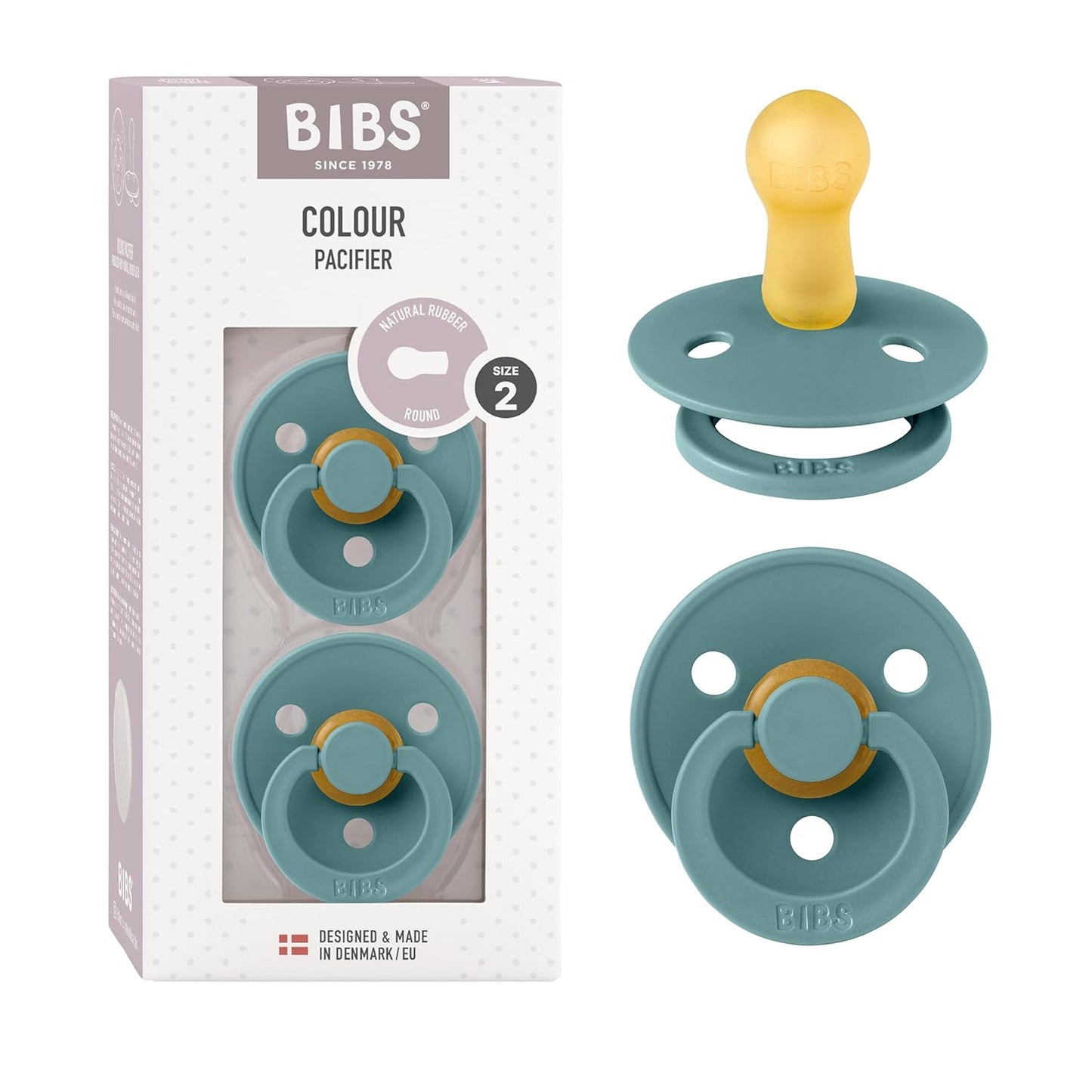 BIBS Pacifiers Colour Collection | Natural Rubber Baby Pacifier | Round Nipple | Set of 2 BPA-Free Soothers | Made in Denmark | 6+ Months (Pack of 2) | Island Sea