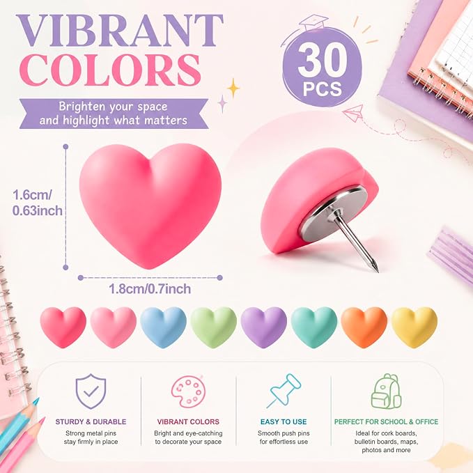Epakh 30 Pcs Pastel Heart Thumb Tacks Decorative Pastel Heart Push Pins