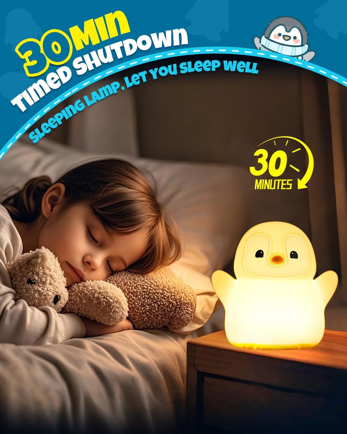 Cute Happy Penguin Night Light, Animal Lamp, Food Grade Silicone, Rechargeable, 2 Level Dimmable, Squishy Nursery Nightlight for Desk Decor, Funny Gifts Stuff for Boys Girls Baby, White Elephant Gifts