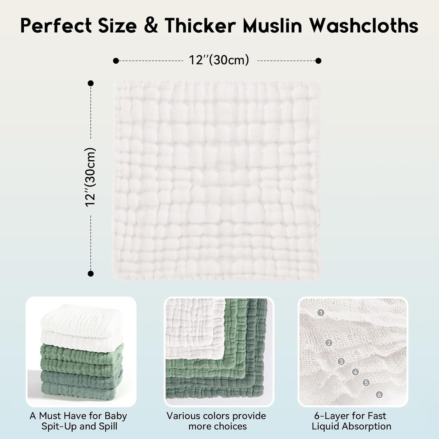 Muslin Baby Washcloths 6 Pack, 100% Cotton Wash Cloths for Babies, Large 12''X12'' Burp Cloths Absorbent and Soft for Newborn Infants Kids Boys Girls - White Green