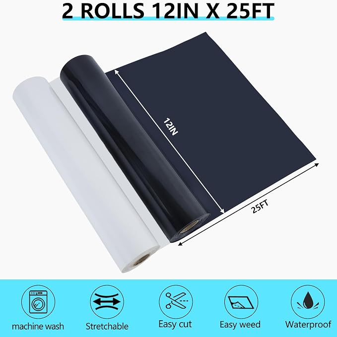 HTVVETUR Iron on Vinyl 2 Rolls 12" x 25ft HTV Black and White Heat Transfer