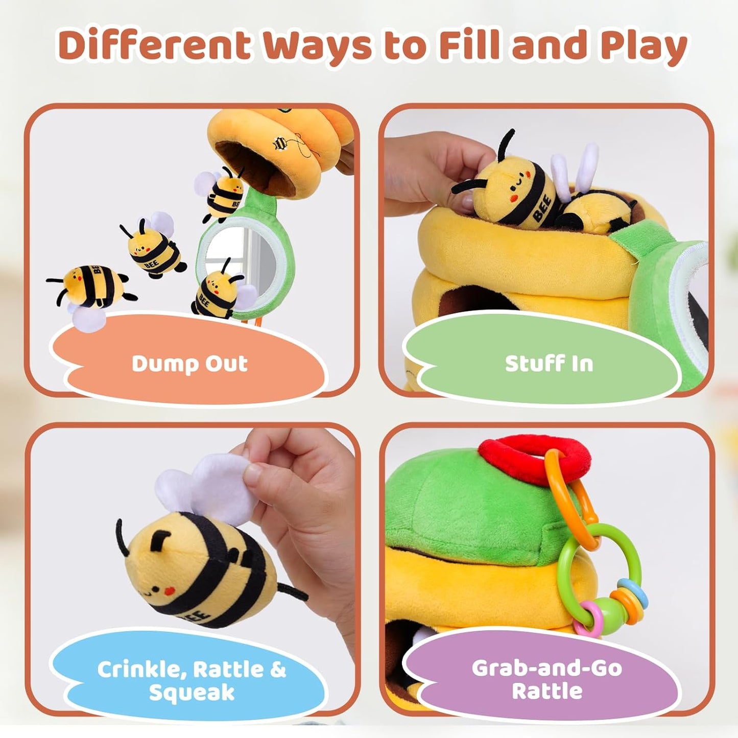 Baby Toys 6-12 Months – Beehive Infant Toy with 5 Sensory Bees, Rattle, Music, Mirror Montessori Toys for 6 7 8 9 10 11 12 Month Old Baby, Boys Girls Birthday