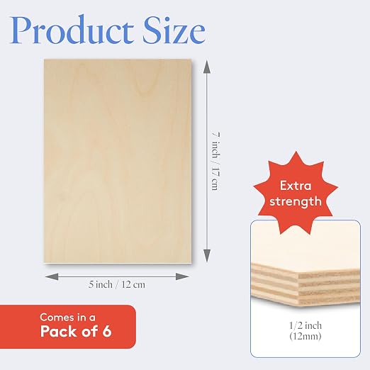 12 mm Baltic Birch Plywood 1/2 x 5 x 7 Inch, Box of 6 B/BB Grade Craft Wood
