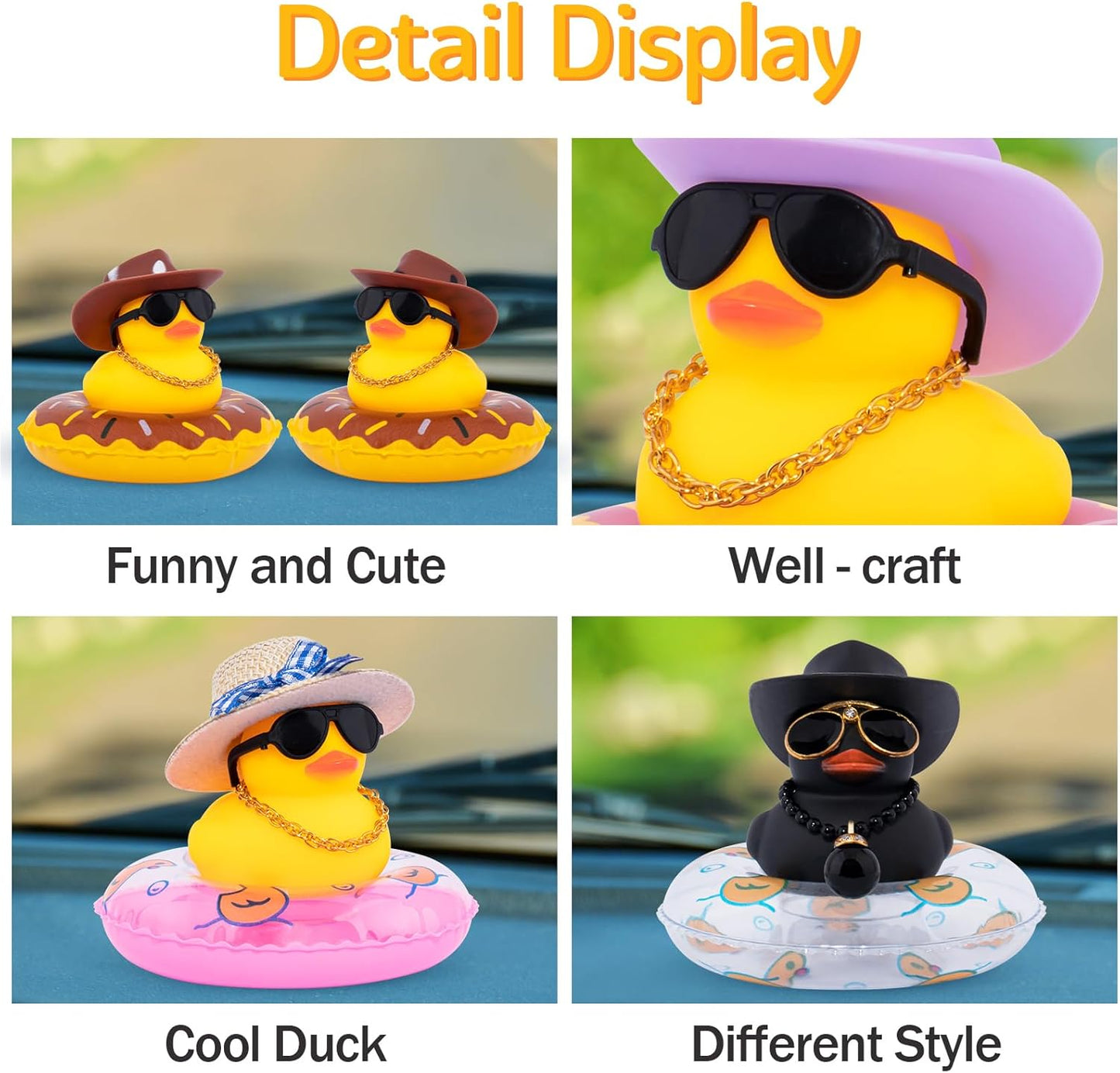 wonuu Car Rubber Duck, Yellow Duck Decoration Dashboard with Sun Hat Swim Ring Necklace Sunglasses for Car Dashboard Decorations, White Spots Brown Cowboy Hat-Brown Donut