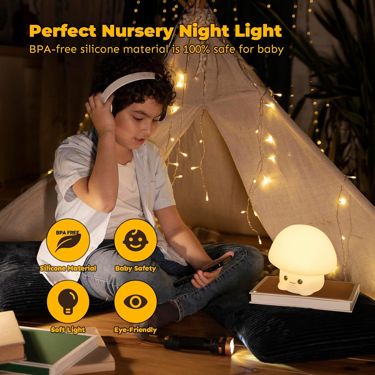 LED Squishy Animal Night Light - 2 Level Dimmable Nursery Lamp for Kids, Rechargeable Touch Lamp, Cute Dorm Decor - Perfect Baby Boys Girls Gift (Cartoon Mushroom)