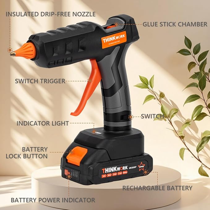 THINKWORK 20V Cordless Hot Glue Gun and Sticks Set, Rechargeable Glue Gun