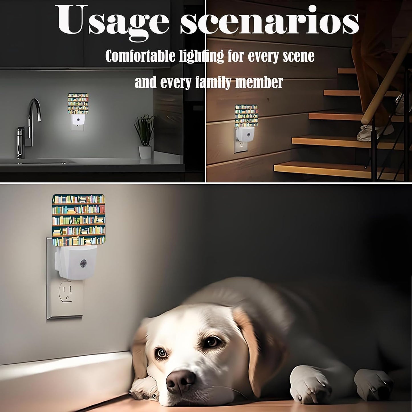 Bookshelves Full of Books Night Light,Plug-in Night Lights with Dusk to Dawn Sensor for Stairway,Hallway,Bedroom Sleep Friendly Ideal for Women/Girls/Boys Gift,0.5w