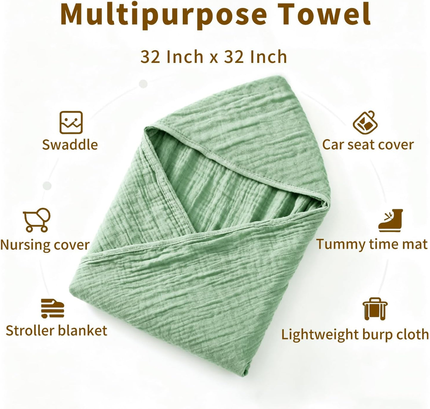 Organic Muslin Hooded Baby Bath Towels - 2 Pack 100% Organic Cotton Towel for Babies, Infants, Toddlers - 32x32Inch - Highly Absorbent and Newborn Essential(Brown Green)