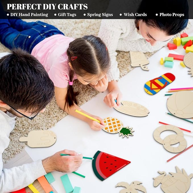 Subacy 80 PCS Unfinished Wood Cutouts 10 Styles DIY Wooden Summer Ornaments