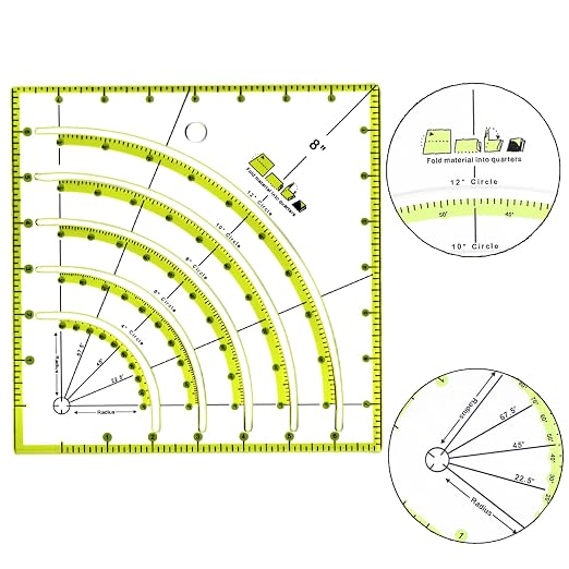 8 Inch Acrylic Quilting Ruler Multifunctional Arcs & Fans Square Quilt Circle