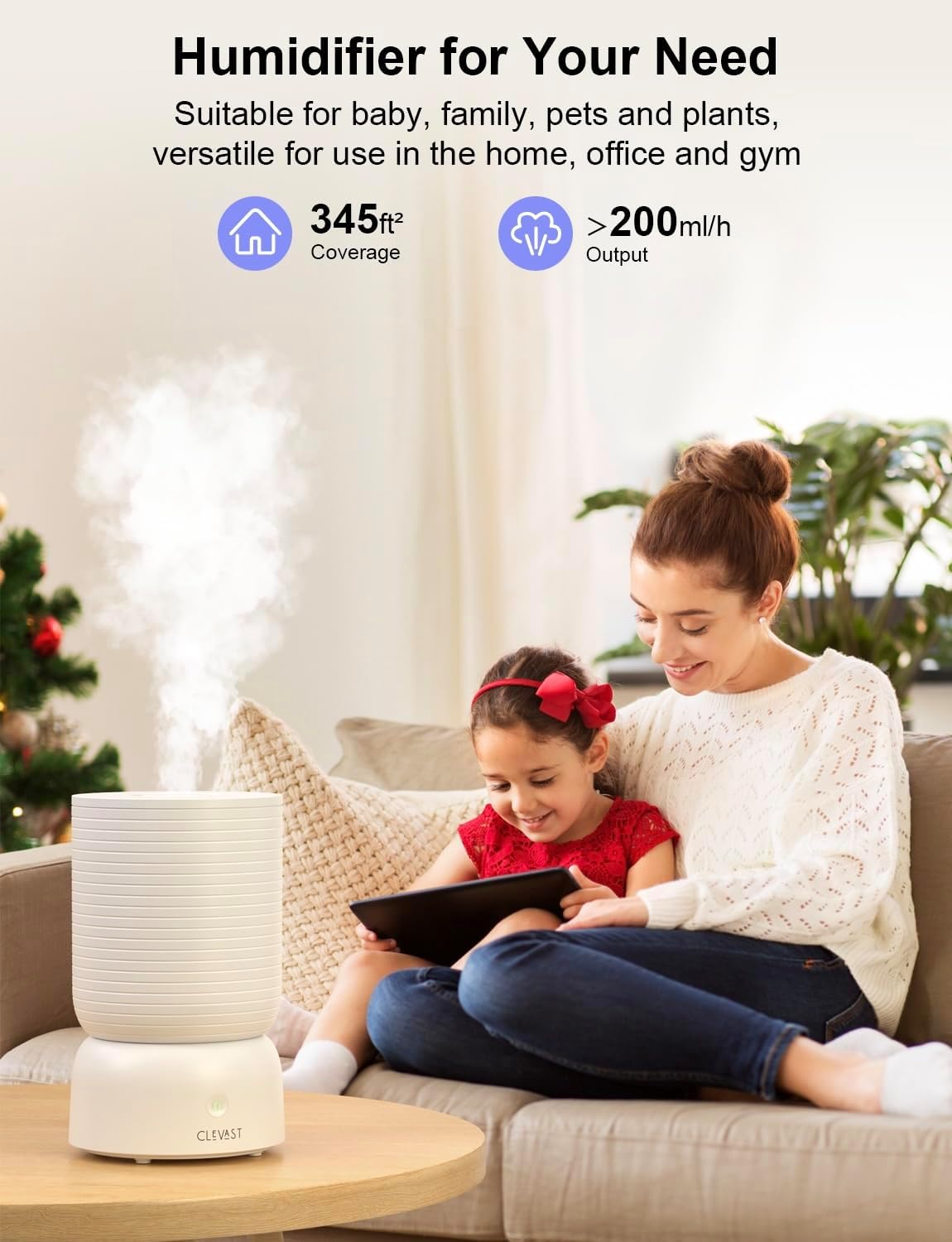 CLEVAST Smart Humidifier for Bedroom, 3L Top Fill Cool Mist Ultrasonic Air Humidifiers with Essential Oil Diffuser, Ultra Quiet for Baby Nursery, Plants, Home, Office (3 Liters Smart Version)