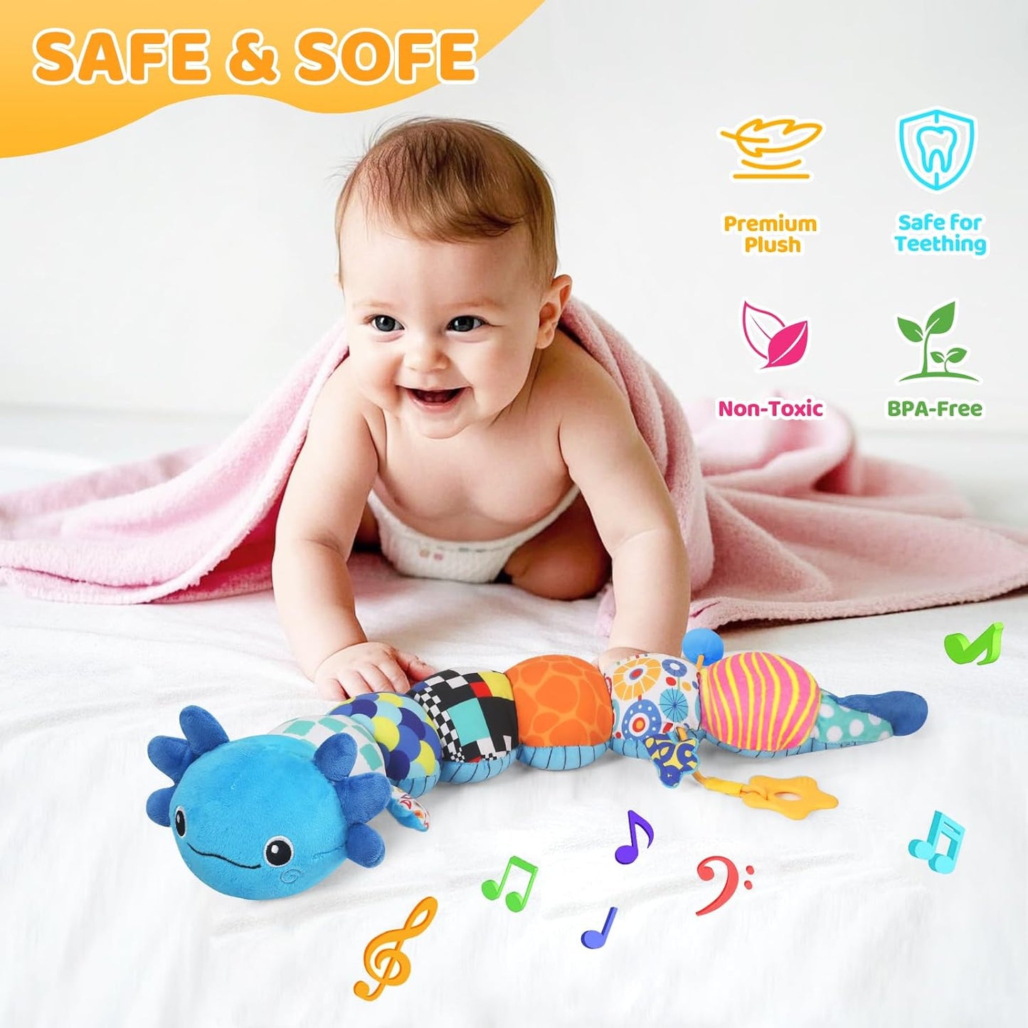 Baby Toys for 0-6 6-12 Months, Plush Axolotl Toy with Crinkle and Rattles for Infant Newborn, Sensory Music Animal Stuffed Toy for 0 1 2 3 4 5 6+ Month, Tummy Time Toys Gifts for 0-3-6-12 Months,Blue