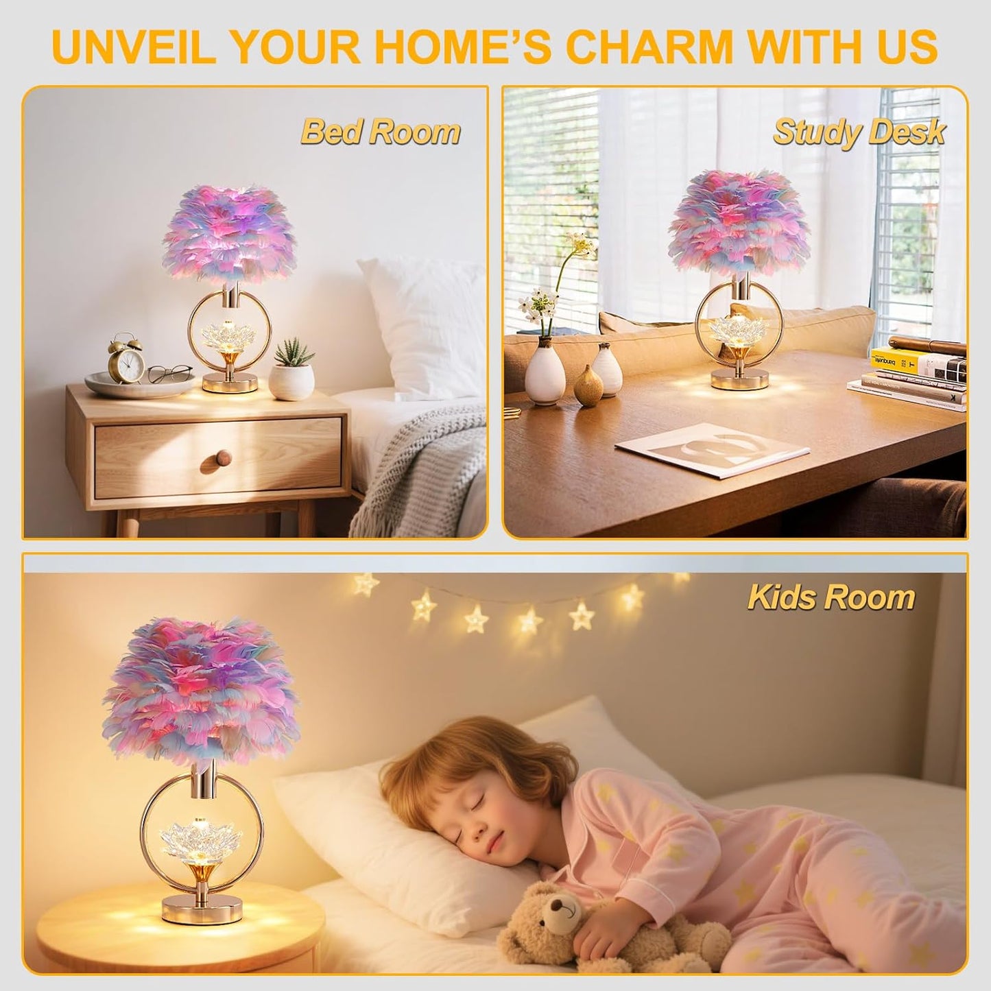Colorful Feather Lamp Unique Feather Bedside Nightstand Light Goose Furry Desk Lamp Romantic Atmosphere Table Lamp for Girl Bedroom Wedding Decor Living Room Hotel 17IN