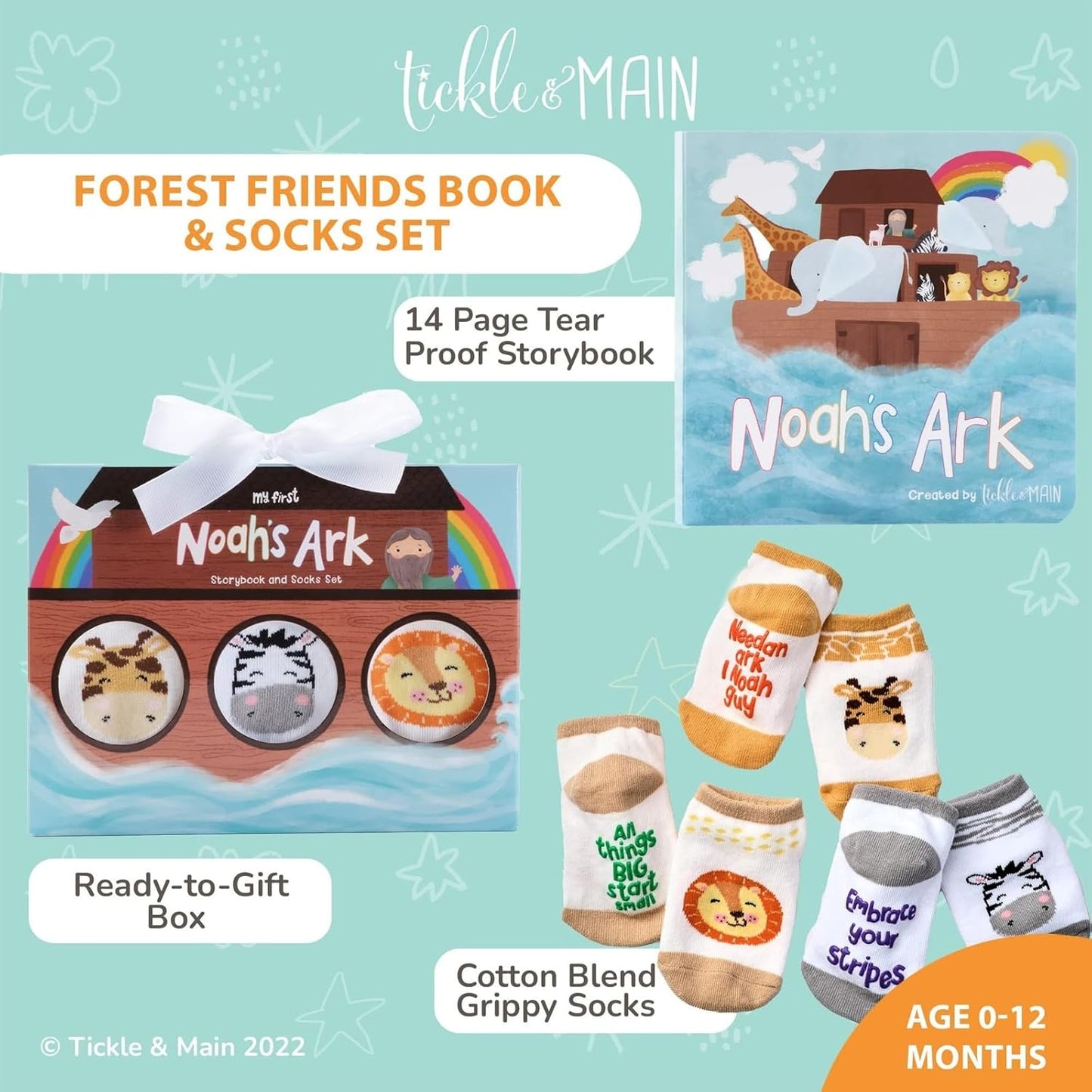 Tickle & Main Noah's Ark Baptism Gifts for Boys Book & Sock Set - 0-12 Months, 4-Piece - Baptism Essentials & Storybook Combo