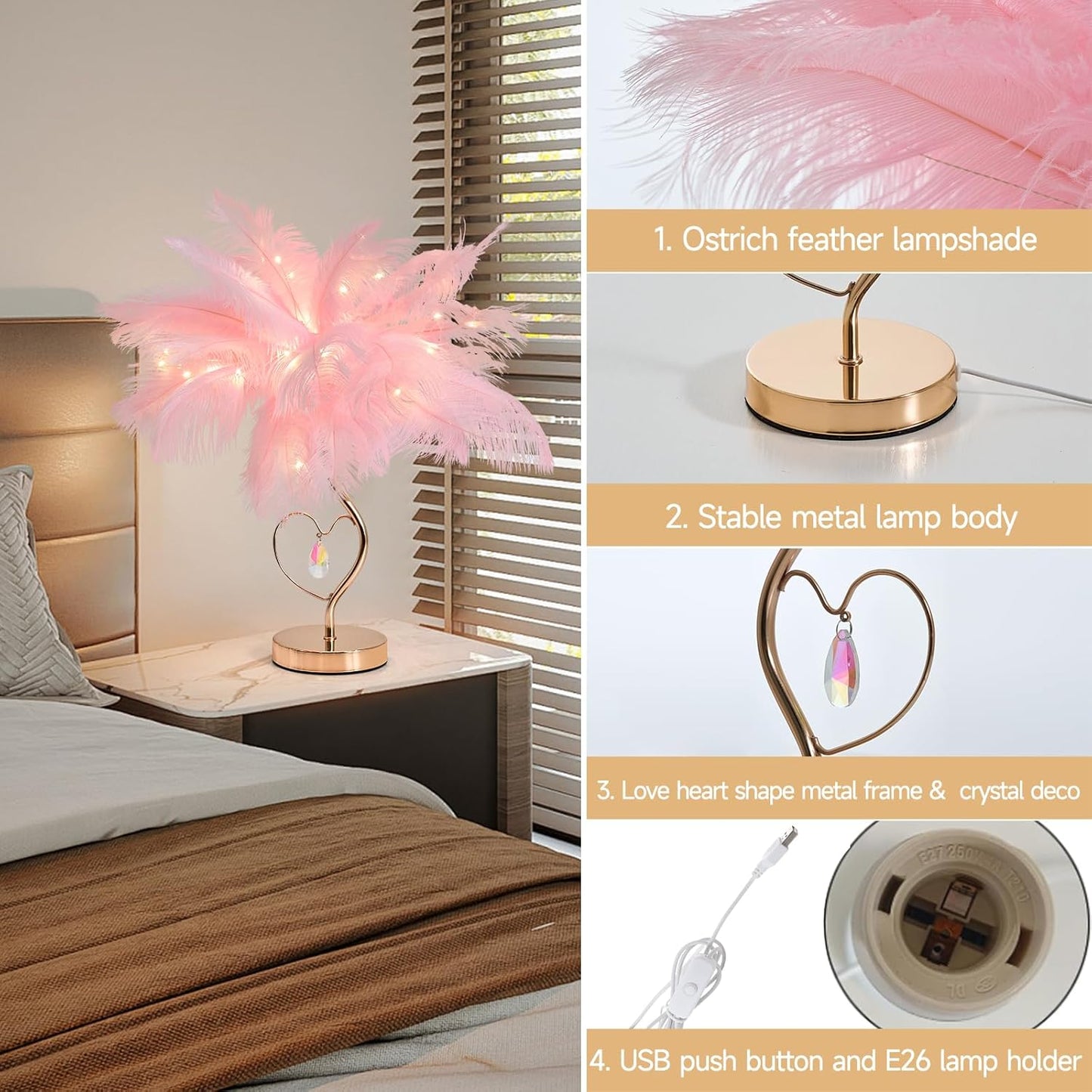 Pink Ostrich Feather Lamp Creative Furry Bedside Lamp Romantic Feather Table Lamp Fluffy Nightstand Lights for Girl Bedroom Wedding Decor Valentines Dating Livingroom Hotel Office