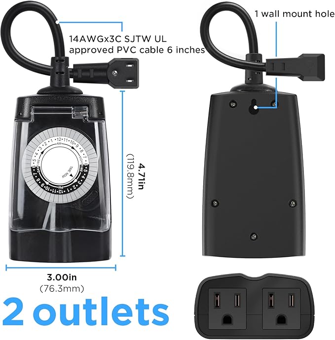 G-ELEK Outdoor Timer Waterproof, 24 Hour Light Timer, Timers for Electrical Outlets, Ideal for Pool Pump, Christmas Lights, Heavy Duty, 2 Grounded Outlets, ETL Listed, Black