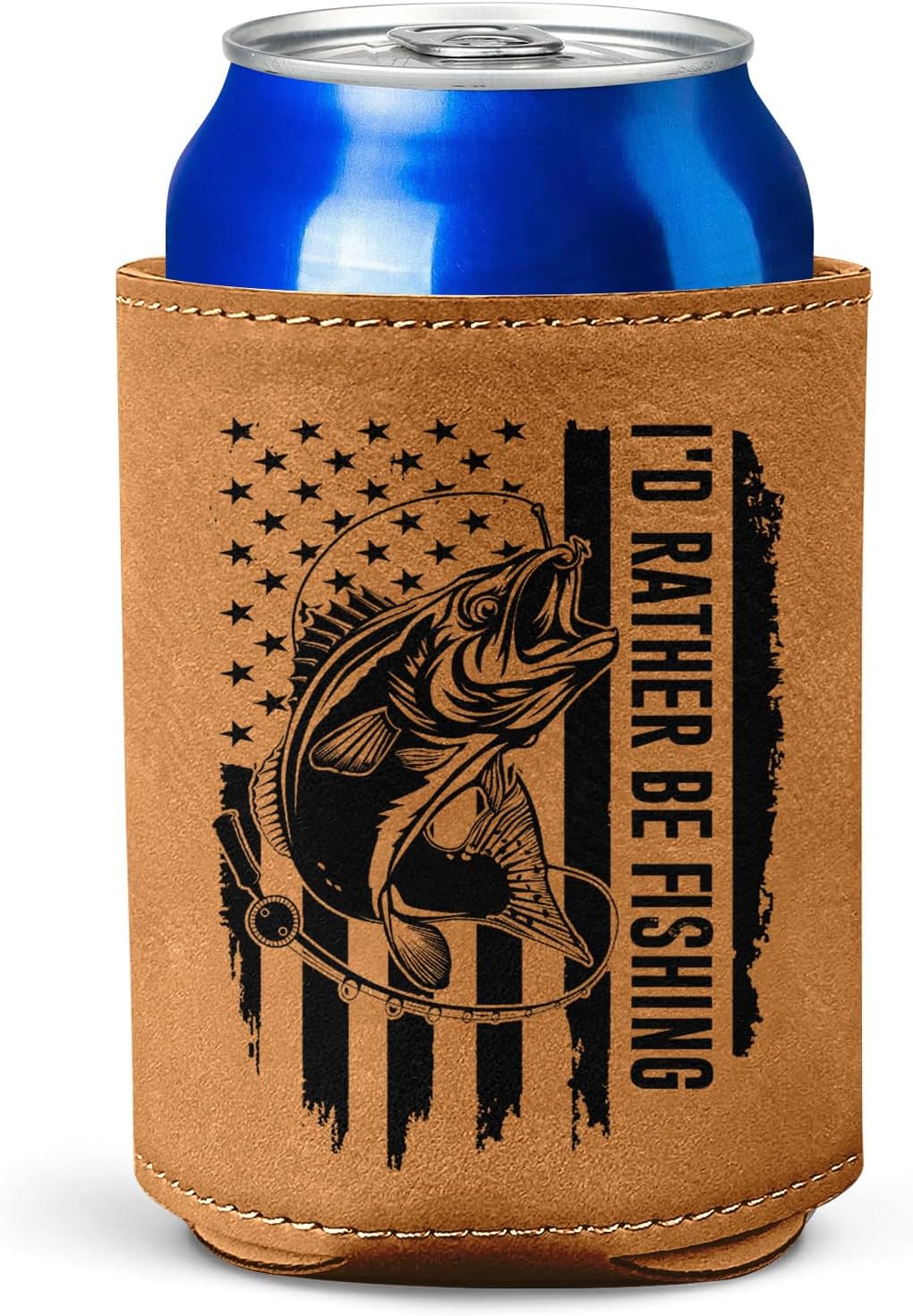 Fishing Gifts for Men – Leather Beer Can Cooler – Perfect Christmas, Birthday Gift for Fisherman – Fishing Present for Dad, Husband, or Friend – Durable Collapsible Leather Can Holder