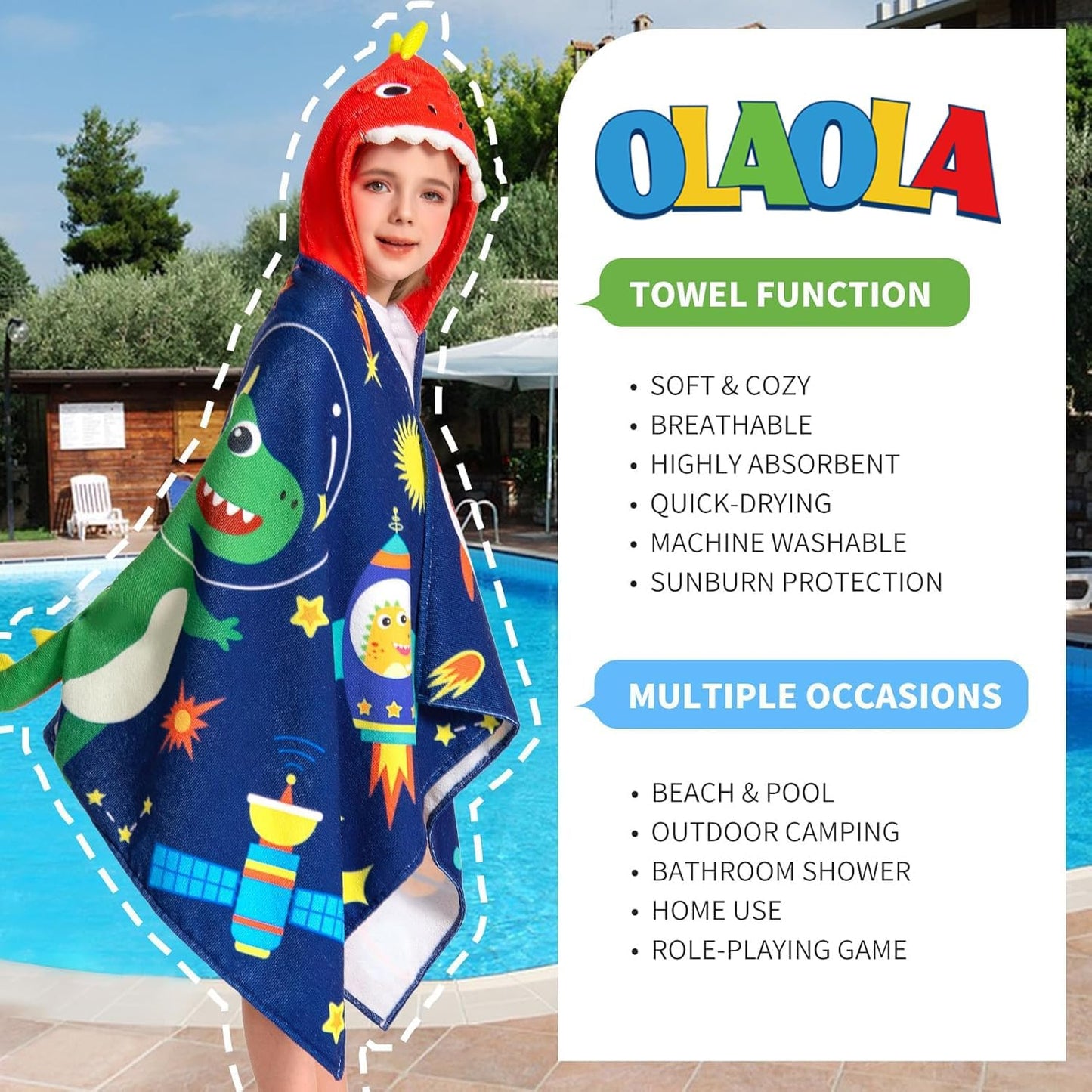 OLAOLA Space Dinosaur Hooded Towel for Kids 3-12 Years, Soft Thick Absorbent Beach Towels, Toddler Bath Towel Wrap 28" x 53", Swim Pool Towels Poncho for Boys Girls