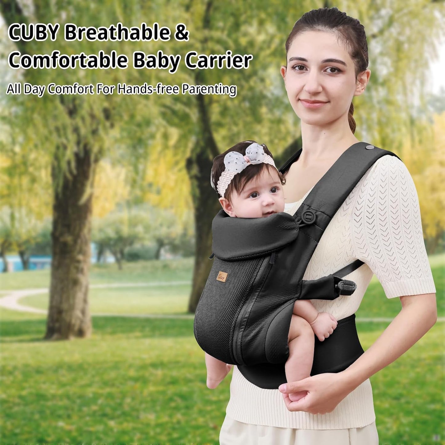 CUBY Newborn Baby Carrier with Head Support and Sunshield, Breathable & Easy Adjustable Newborn Toddler Front Baby Carriers Sling,Hands-Free Newborn Carrier up to 40lbs(Black,Upgraded-with Waist Belt)