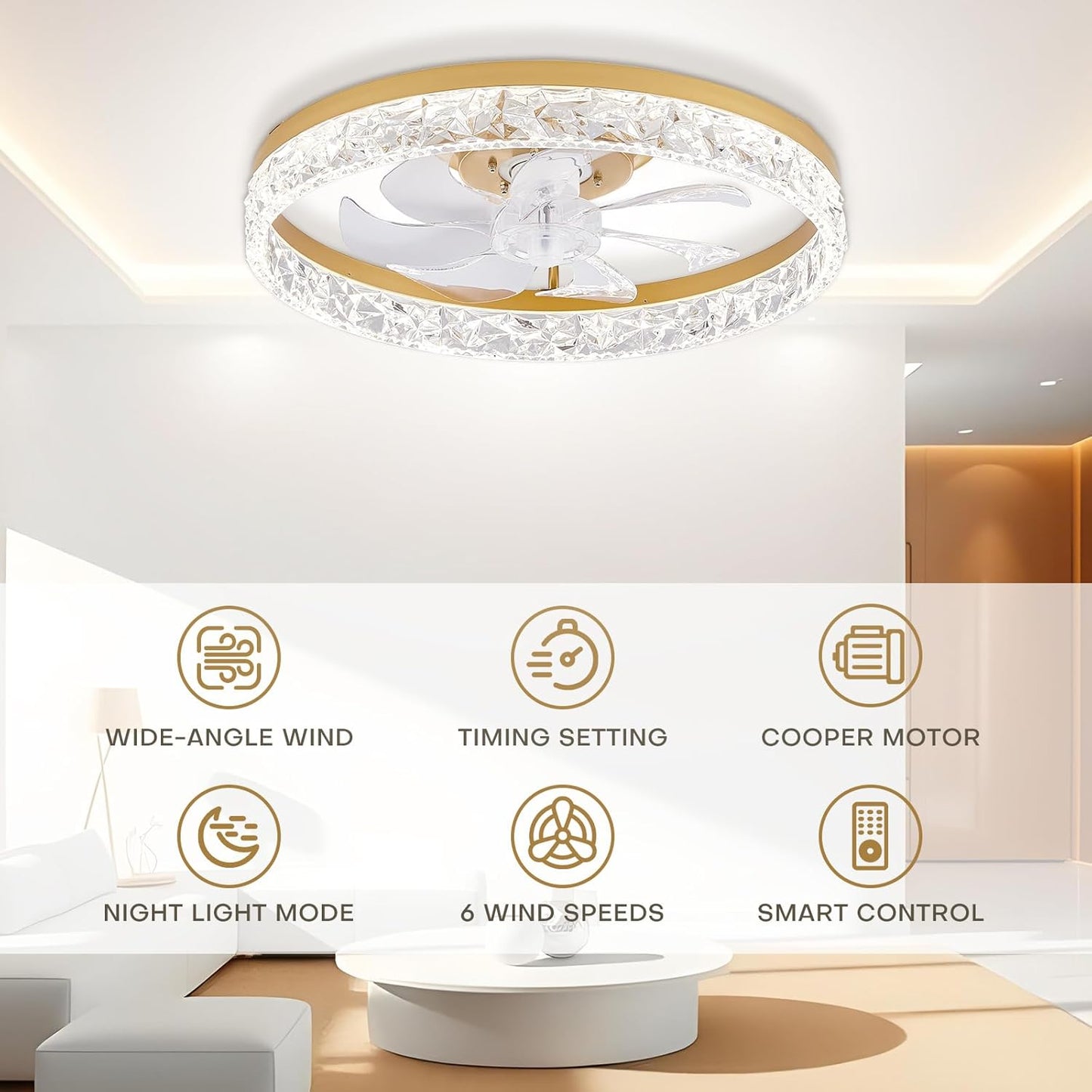 STERREN 19.7'' Crystal Ceiling Fans with Lights and Remote, Modern Low Profile LED Ceiling Fan, Dimmable Flush Mount Fan Light, Gold Fandelier with Color Temperature Change 6 Speeds