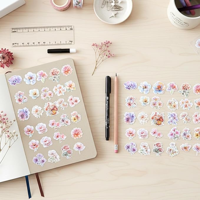 30 PCS Sparkly Flower Stickers Clear Glitter Floral Stickers Holographic PET