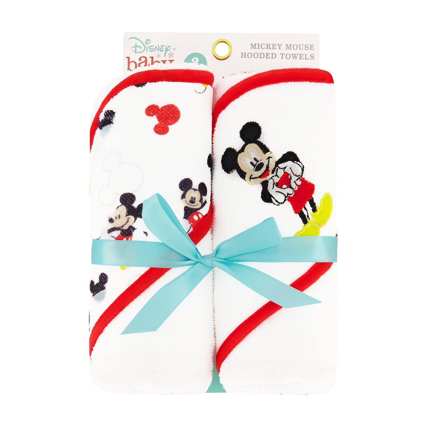 Disney Cudlie Baby Boy Mickey Mouse 2 Pack Rolled/Carded Hooded Towels in Happy Place Print