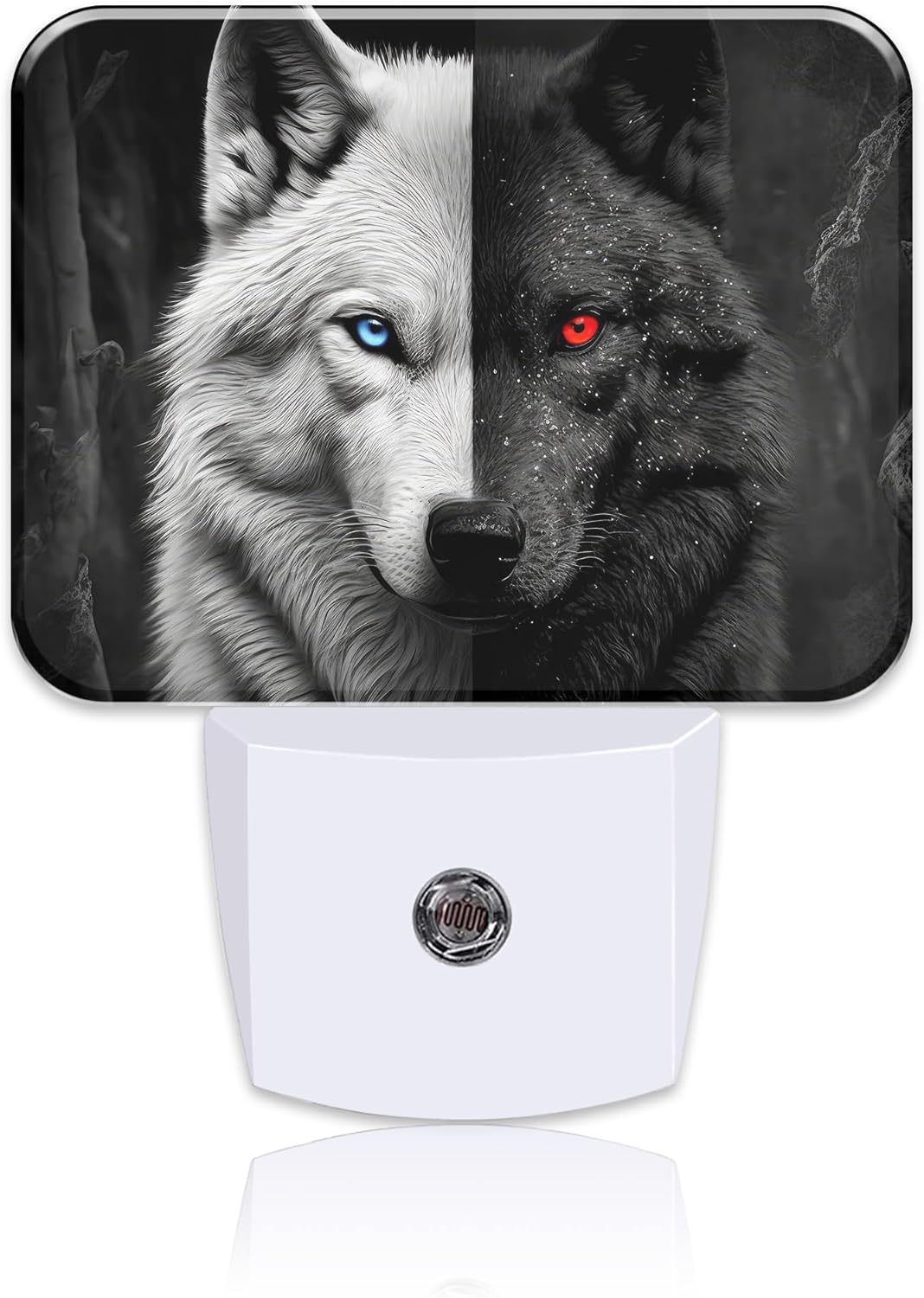 Black White Wolf Night Light for Kids Girls Boys, Red Blue Eyes Wolf LED Night Light Plug into Wall with Dusk to Dawn Sensor for Bedroom, Hallway, Kitchen, Bathroom, Stairs Decor