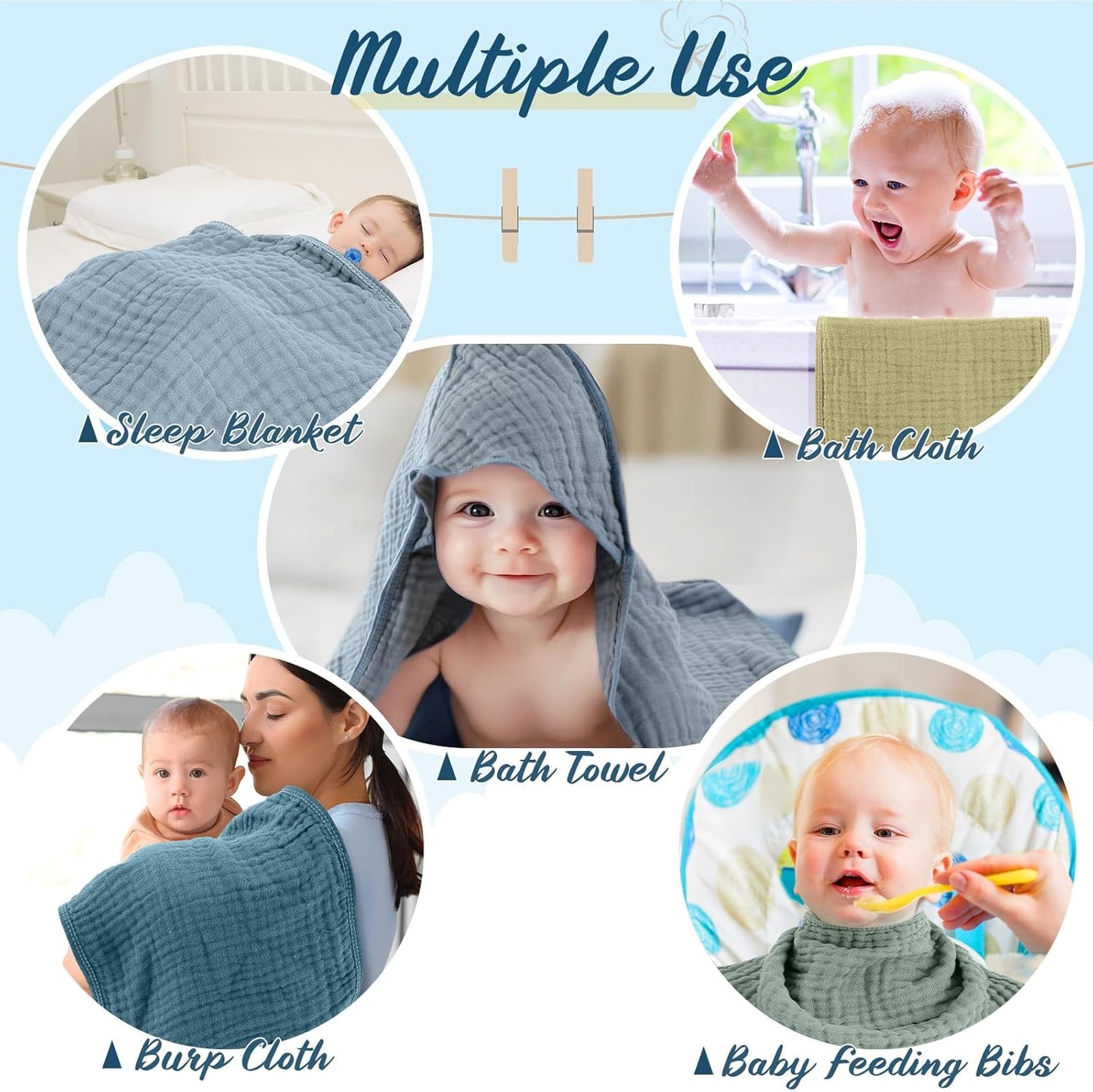 VitalCozy 8 Pcs Baby Muslin Hooded Bath Towels and Washcloths, 32 x 32 Inch Cotton Absorbent Blankets for Newborn Infant Shower Gift (Dark Green, Dark Blue)