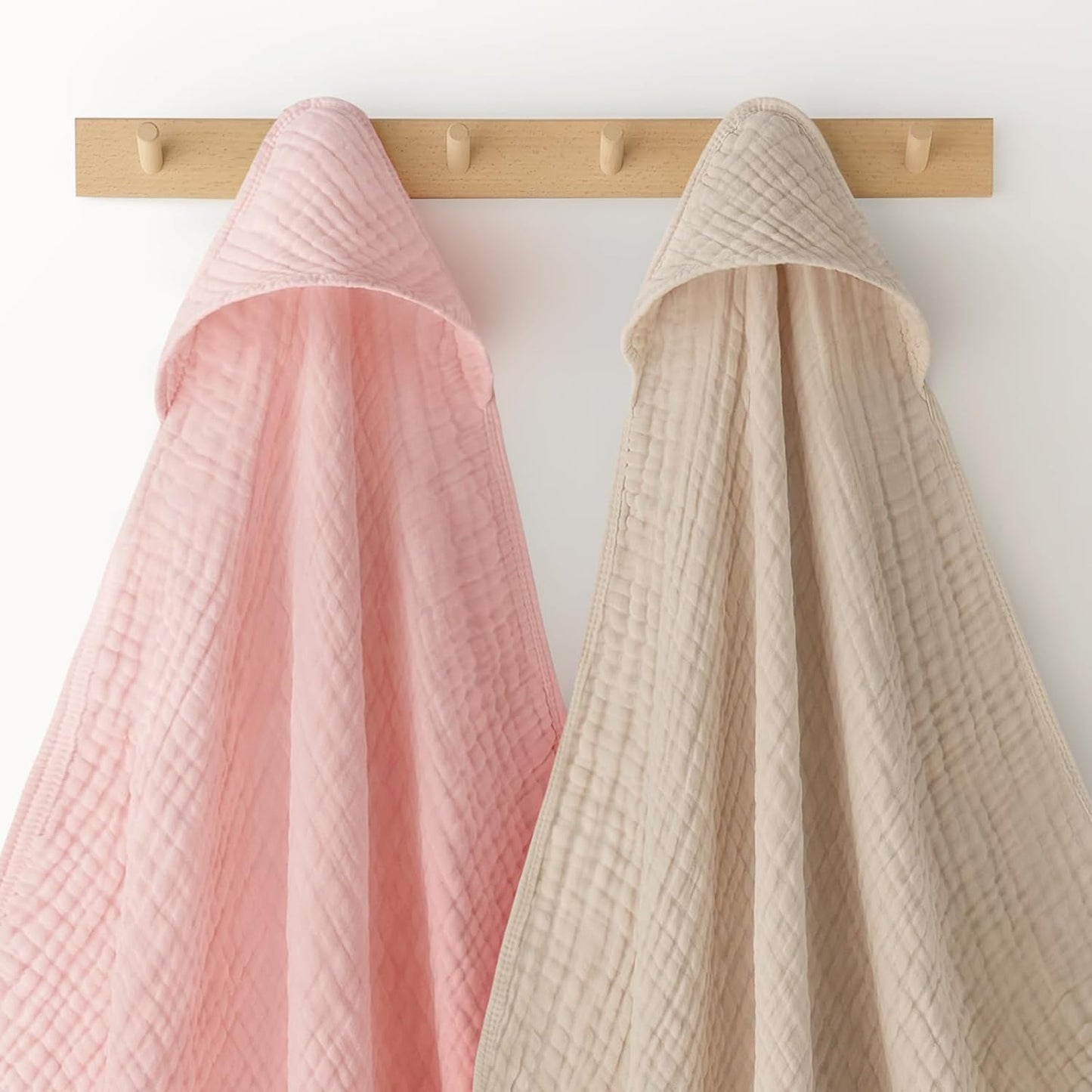 Looxii Baby Bath Towels 2 Pack Muslin Hooded Baby Towels for Newborn and Infants, 100% Cotton, Large 32x32Inch, Soft and Absorbent Beige+Pink