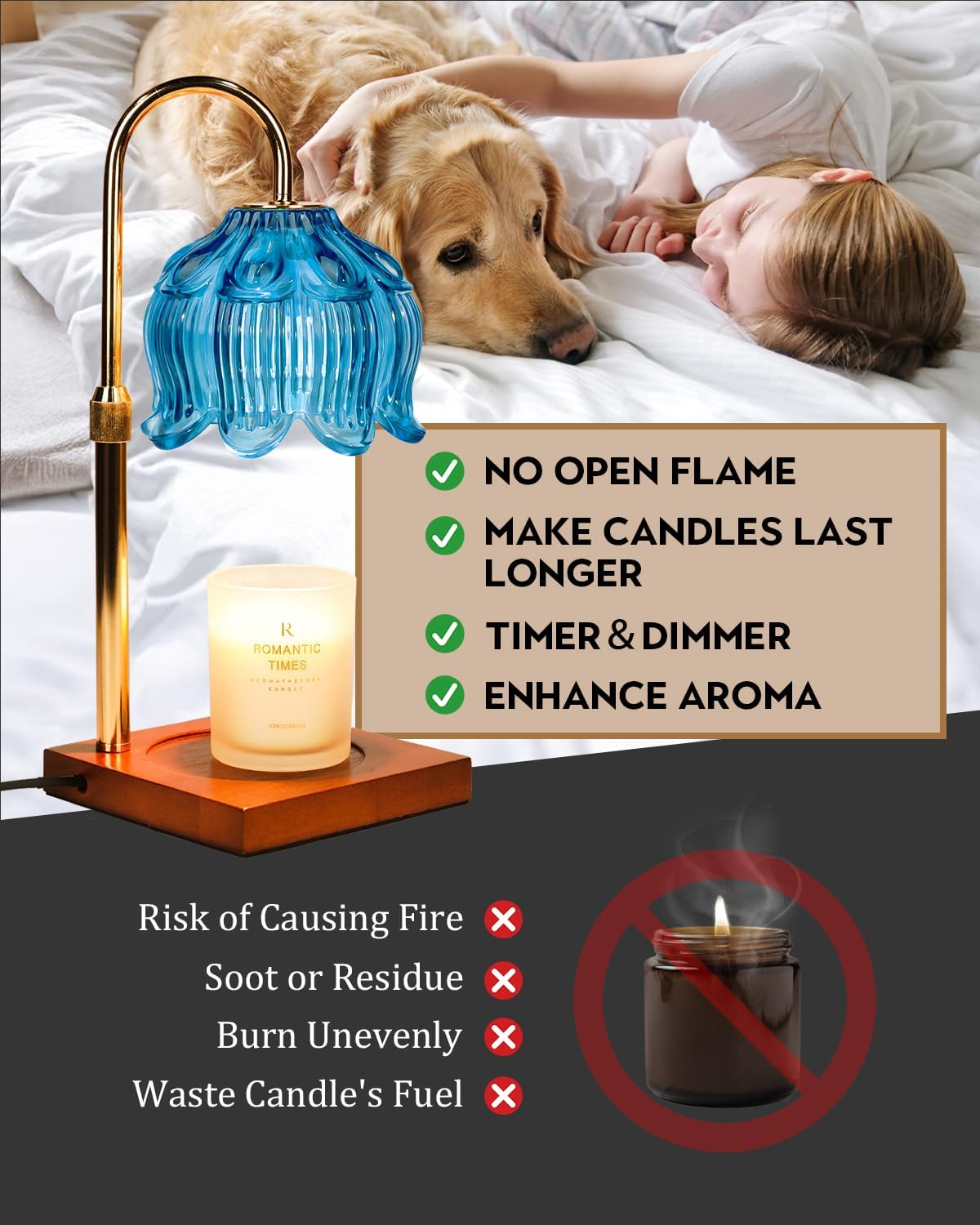 Blue Candle Warmer Lamp with Timer Dimmable, Adjustable Height Gifts for Women Mom Birthday Christmas, House Warming Gifts New Home Bedroom Decor, Lotus Flower Candle Lamp Warmer for Jar Candle