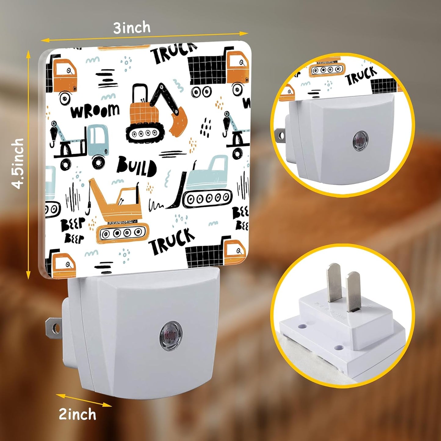 Funny Construction Transport Truck Night Light,Scandinavian style Cars Plug-in Night Light Auto Dusk-to-Dawn Sensor Energy Efficient LED Lamp for Room Decor,Hallway,Kitchen,Bathroom,Nursery,Stairs
