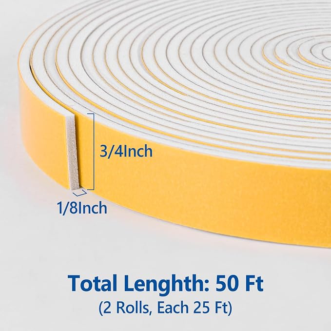 Self-Adhesive Weatherstrip 3/4in x 1/8in x 50Ft High Density Foam Insulation