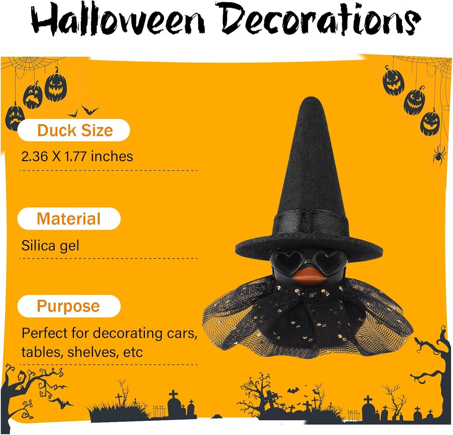 wonuu Car Dashboard Witch Black Rubber Ducks for Halloween, Decorations Duck for Office Desk Ornament Accessories with Hat Glasses Skirt, Black