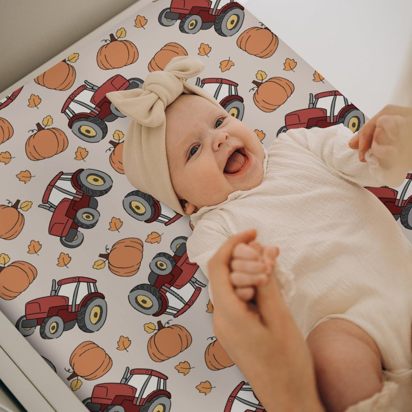 Red Tractors Pumpkins Baby Changing Pad Covers for Boy Girl Autumn Farm Trucks Harvest Fitted Change Table Mats Fall Farmhouse Vehicle Soft Diaper Changing Pad Sheets for 32''×16'' Contoured Pad