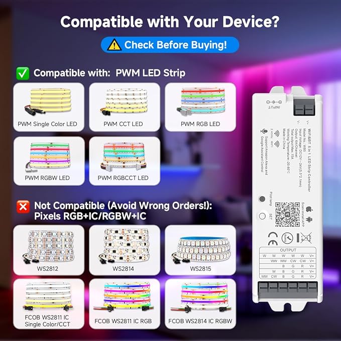 BTF-LIGHTING 5in1 WB5 2.4GHz Tuya WiFi PWM LED Controller Compatible with Alexa/Google Home/Smart Life/Tuya Smart APP Control for Dimming CCT RGB RGBW RGBCCT LED Strip Work with WR01RF WR02RF etc