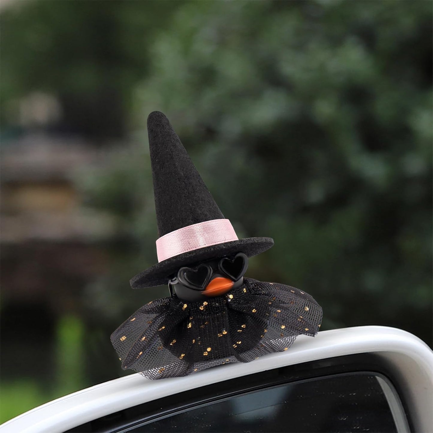 wonuu Car Dashboard Witch Black Rubber Ducks for Halloween, Decorations Duck for Office Desk Ornament Accessories with Hat Glasses Skirt, Pink