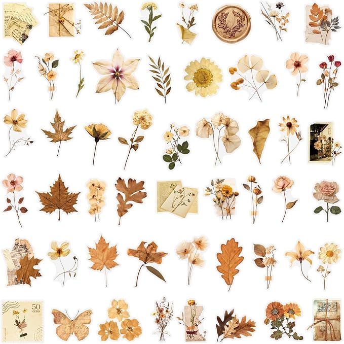 50 Pcs Dried Flower Stickers Aesthetic Autumn PET Transparent Stickers Vintage