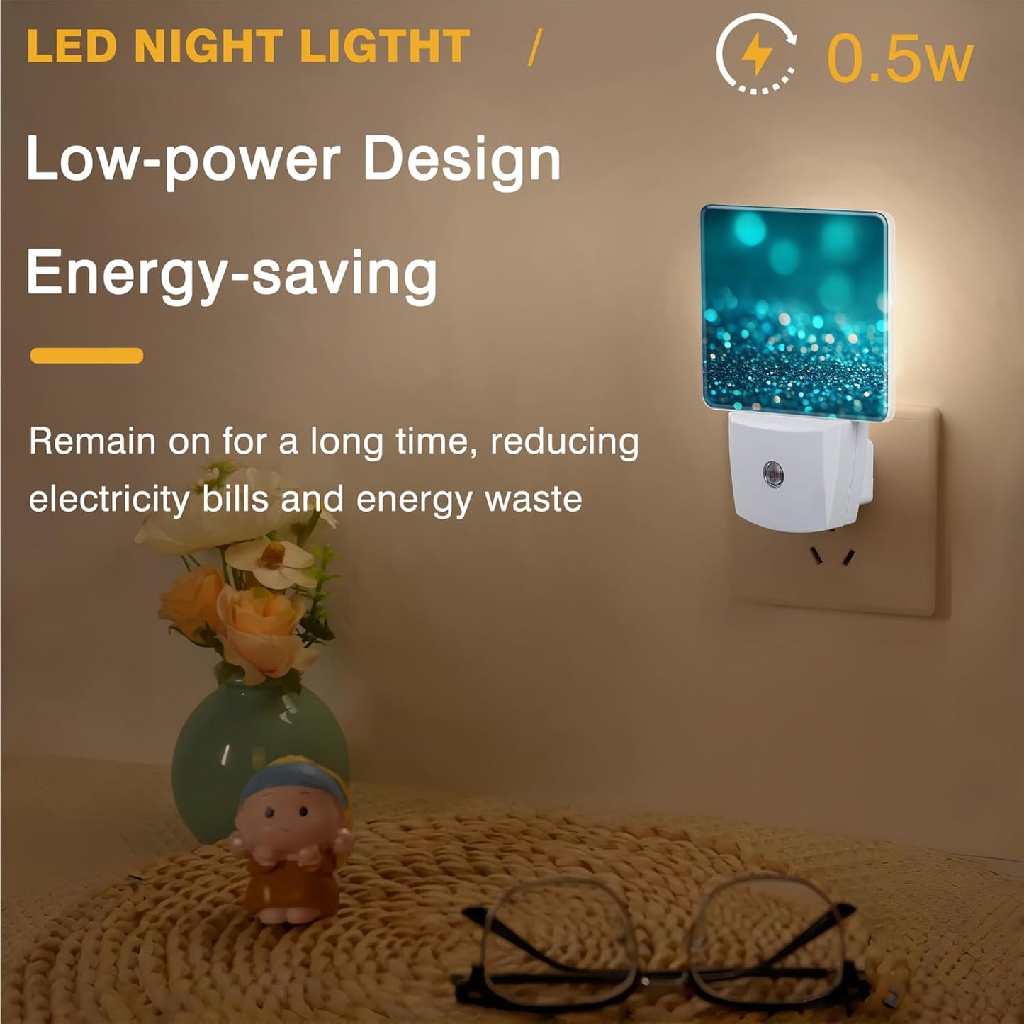 Night Light Teal and Turquoise Sparkle Night Lights Plug into Wall Smart Dusk to Dawn Sensor 0.5W Energy Efficient Led Lamp for Men Women Bedroom Bathroom Hallway Stairway Decor