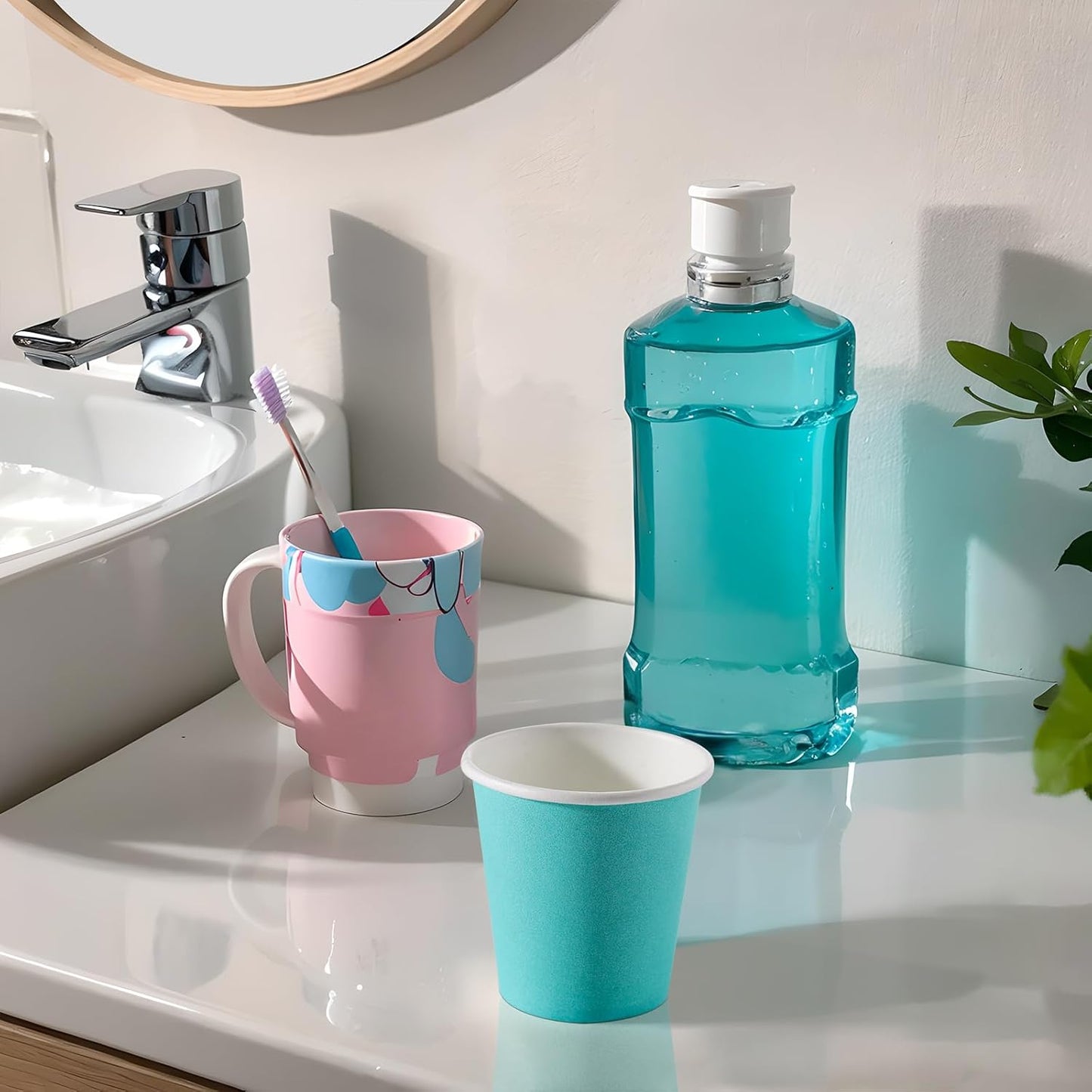 [100 Count - 2 oz] Small Paper Cups, Mouthwash Cup Bathroom Cups Mini Cup Small Disposable Cups (Blue)