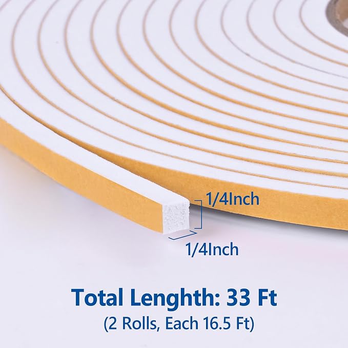 Kikerike Self Adhesive Foam Tape Weatherstrip 1/4In x 1/4In x 33Ft High Density