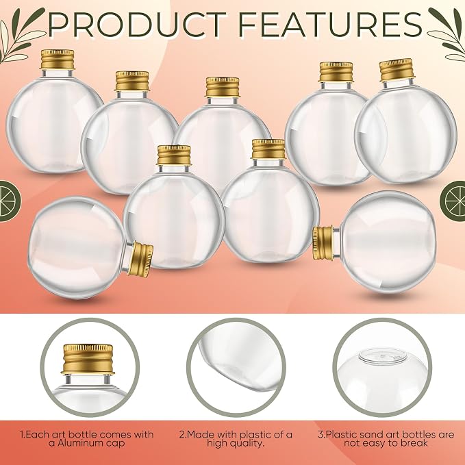 Jinei 30 Pcs 6 oz 200ml Ball Shape Plastic Sand Art Bottles Spherical Clear