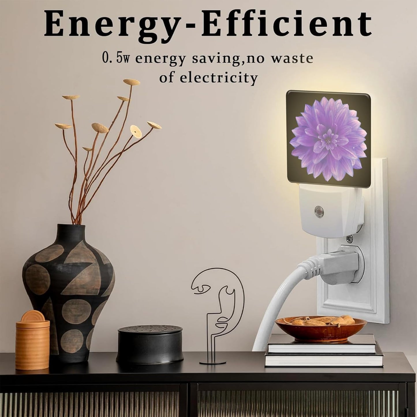Purple Dahlia Flower Night Light for Kids, Abstract Blooming Floral Night Light Plug in with Dusk to Dawn Sensor, 0.5w Energy Saving Sleep Friendly Nightlight for Hallway Stairway Kitchen Bedroom